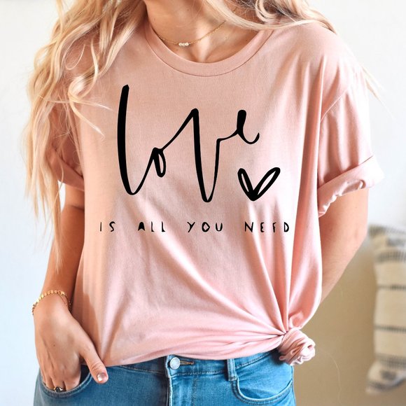 Tops - Love Is All You Need Graphic T-shirt, Valentine's Day Shirt - Heather Peach